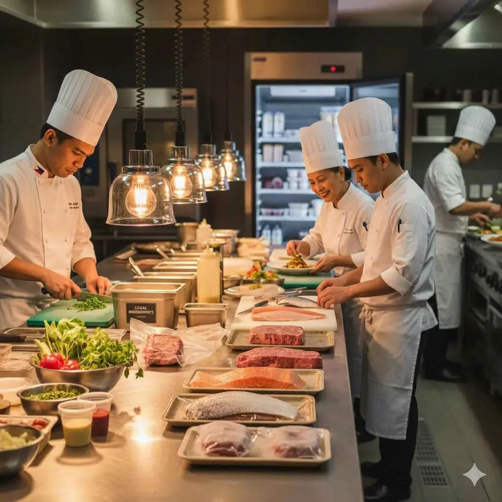 Filipino chefs preparing fresh meat and ingredients in a professional restaurant kitchen